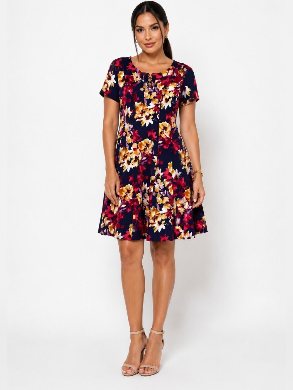 ALYX Dress Navy Blue Floral Fit & Flare Short Sleeve Knee Length . Size 6.